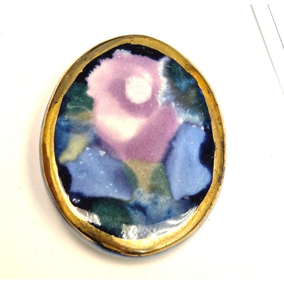 Handmade Ceramic Floral Pin Brooch With Gold Trim & Abstract Purple Blue Design - Picture 3 of 3